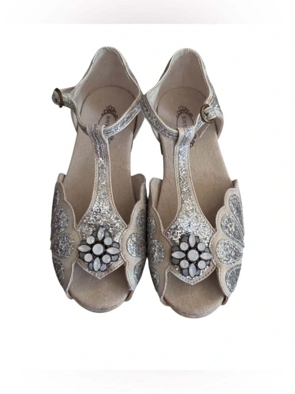 Joyfolie Silver Glitter T-Strap Sandals with Floral Jewel Accent, Size Youth 3